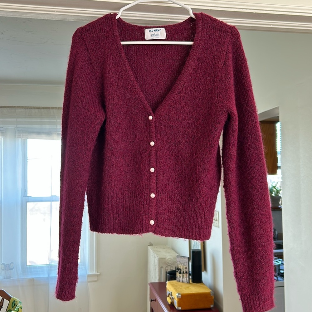 Burgundy Cardigan with Pearl-Style Buttons